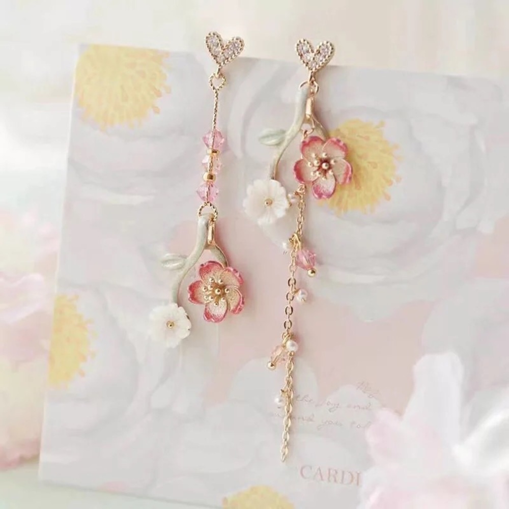 Floral earrings drop stud heart flower dangle women jewelry pink green bead gold